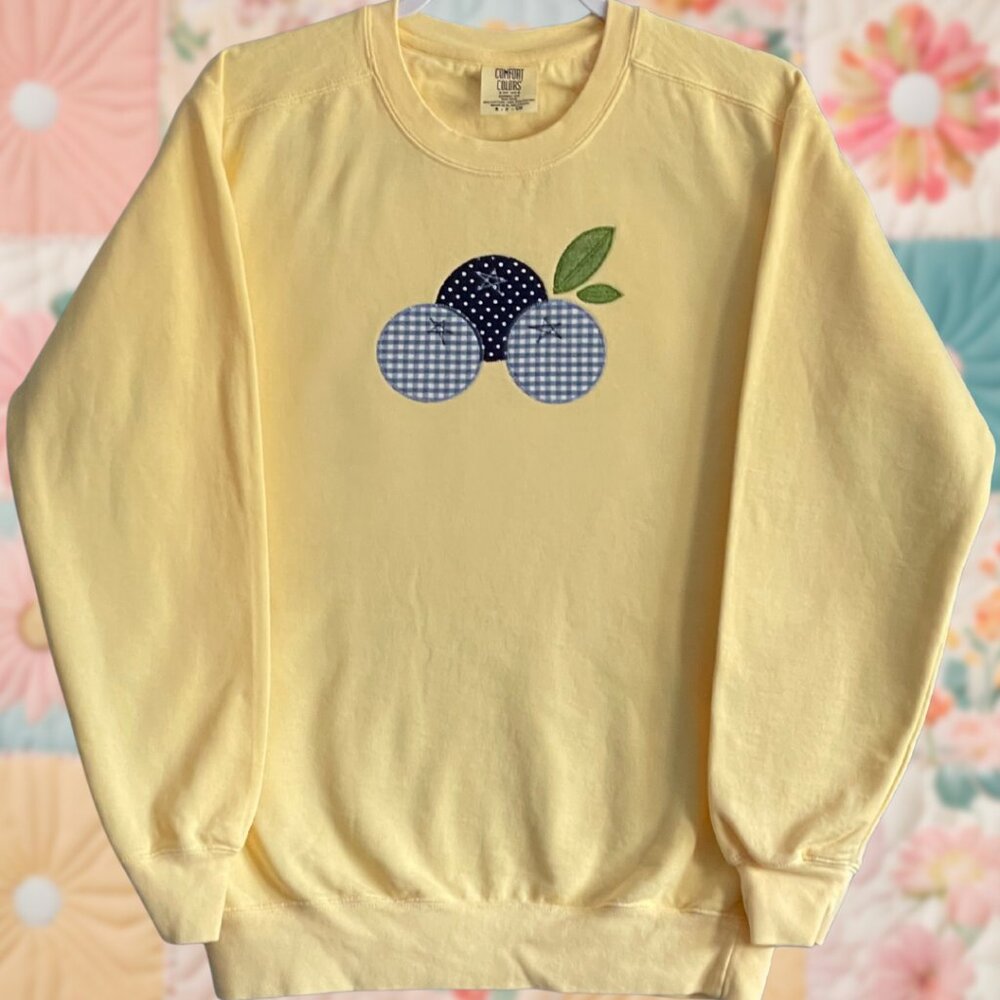 Blueberry Polka Dot Gingham Comfort Colors Butter Yellow Crewneck Sweatshirt S